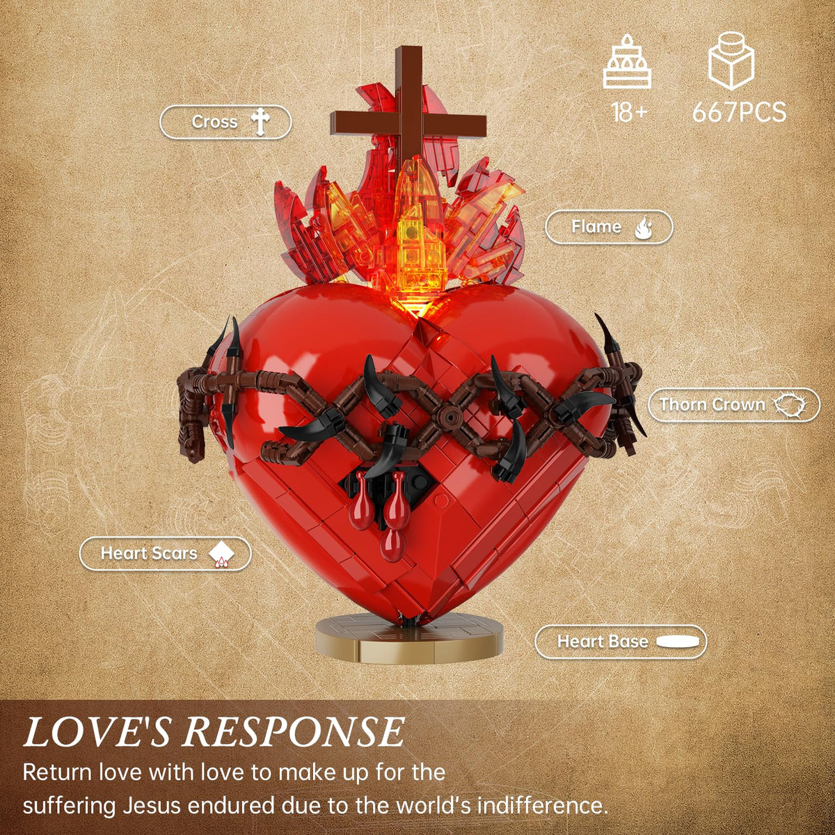 VONADO Jesus Heart Building Set cross illumination showing gentle radiance.