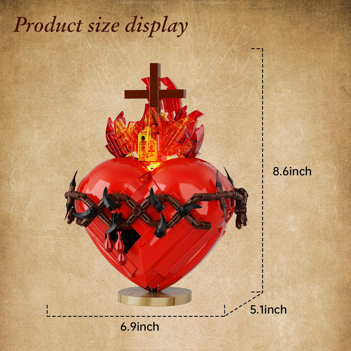 VONADO Jesus Heart Building Set with flame on top symbolizing faith and inspiration.