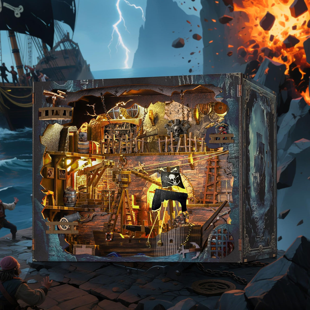 VORATHIS Book Nook Pirate Kit diorama-display, handcrafted scene adding drama to shelves.