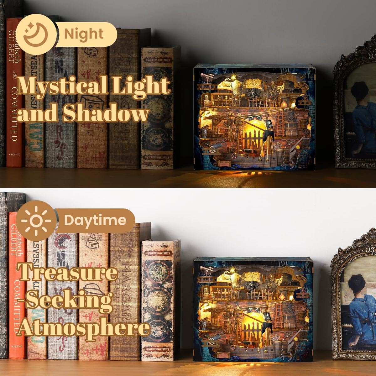 VORATHIS Book Nook Pirate Kit shelf-scene, showpiece for miniature lovers and storytellers.