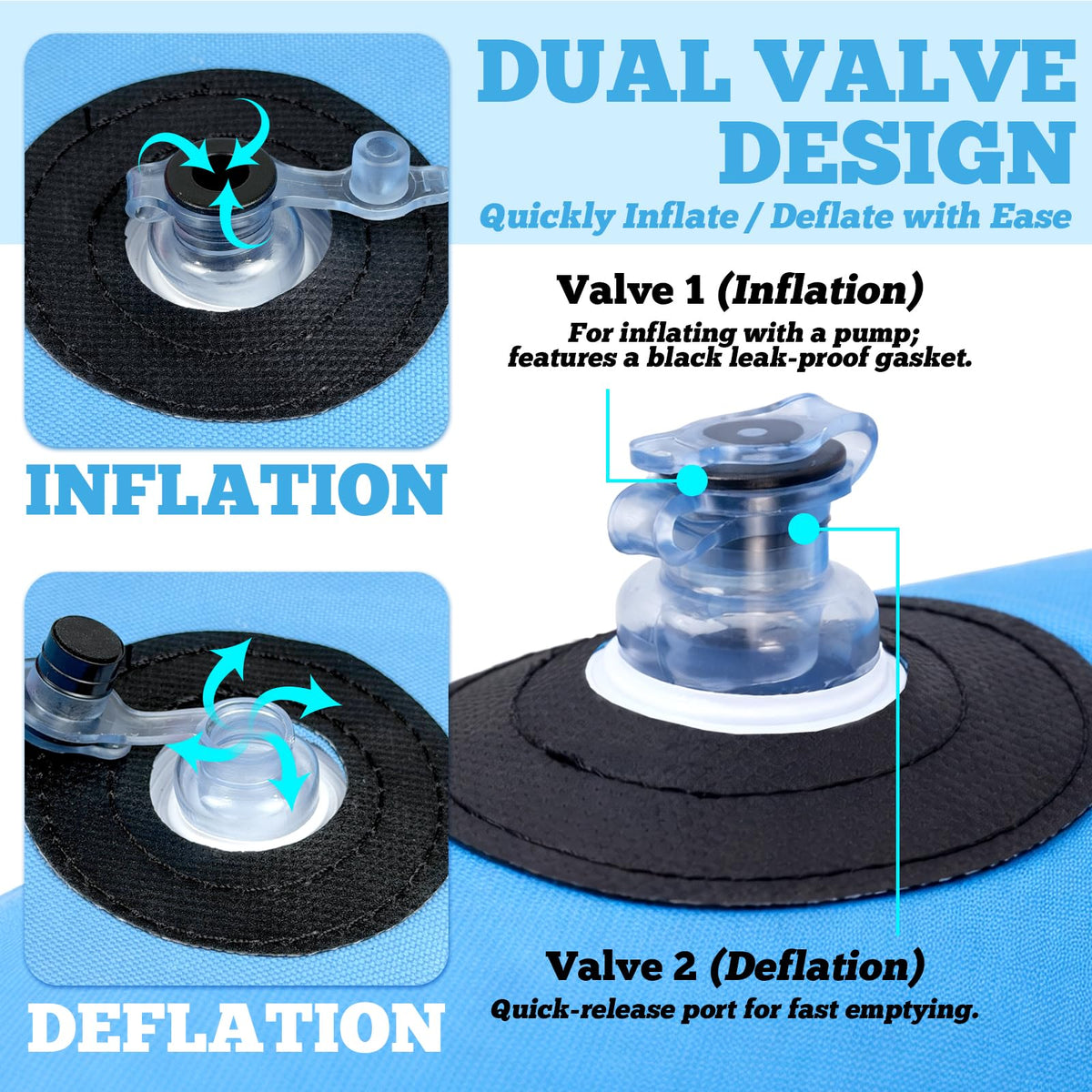 Vortexain dual valves enable quick inflation and simple deflation for on-the-go setups