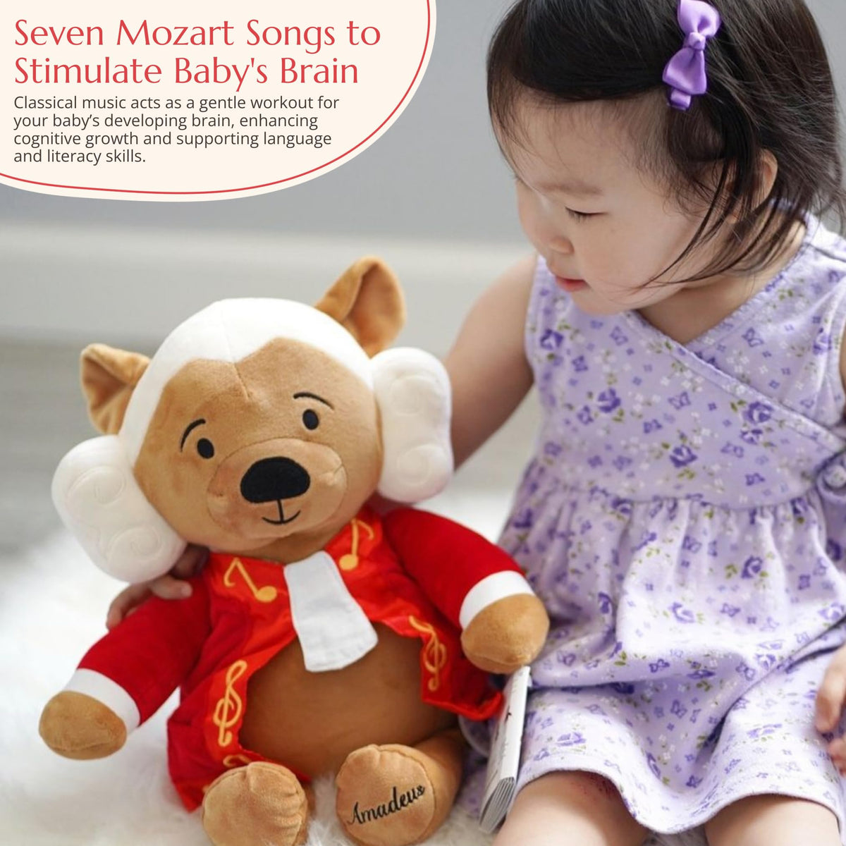 Vosego Amadeus Mozart plush bear playback view, seven Mozart tunes for calming sleep and focus