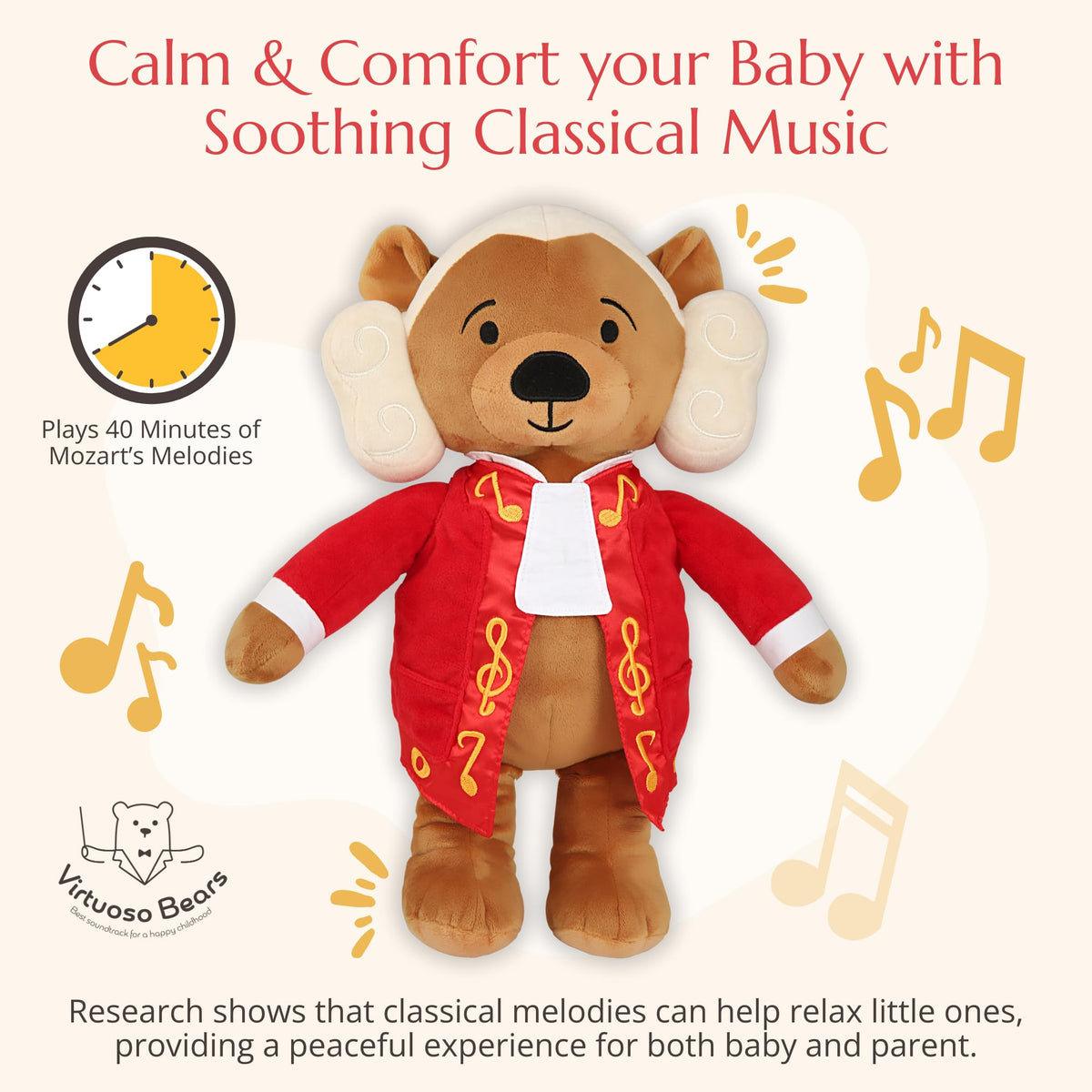 Vosego Amadeus Mozart plush bear volume control, safe adjustable listening for little ears