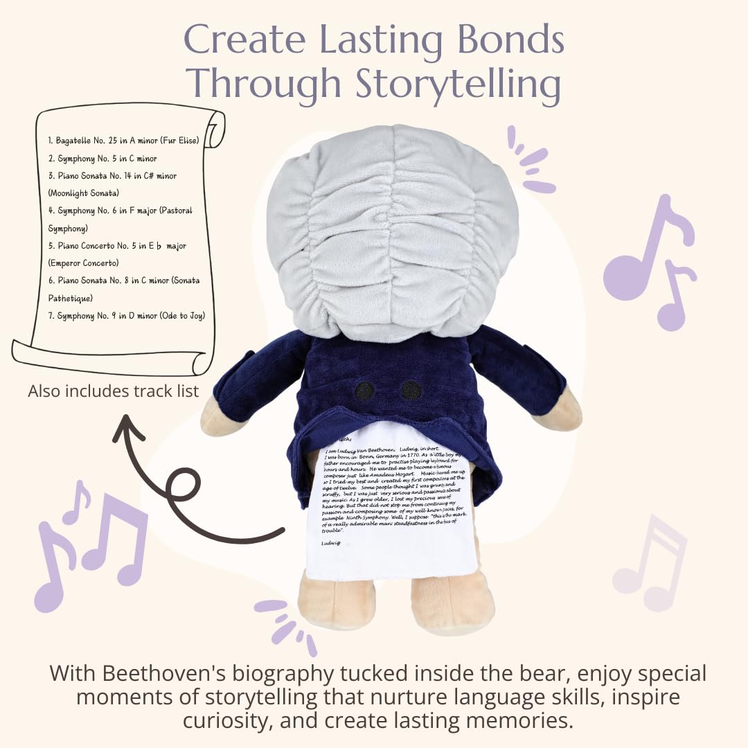 Vosego Ludwig bear features Beethoven biography tucked inside for educational moments.
