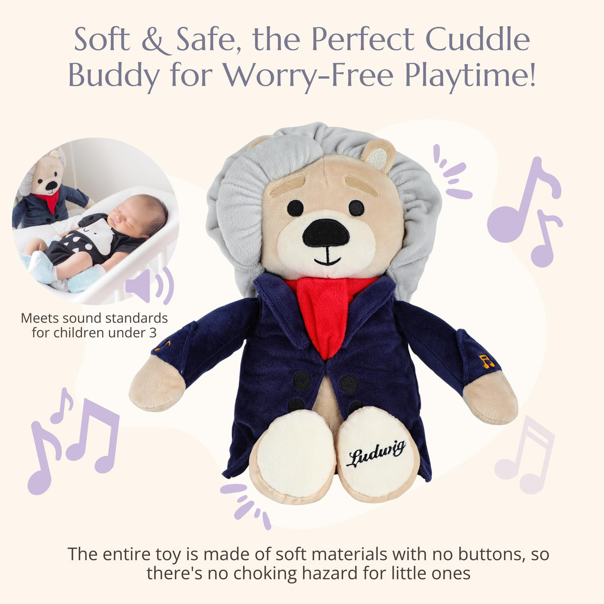 Vosego bear with belly controls for simple sound adjustment during play.