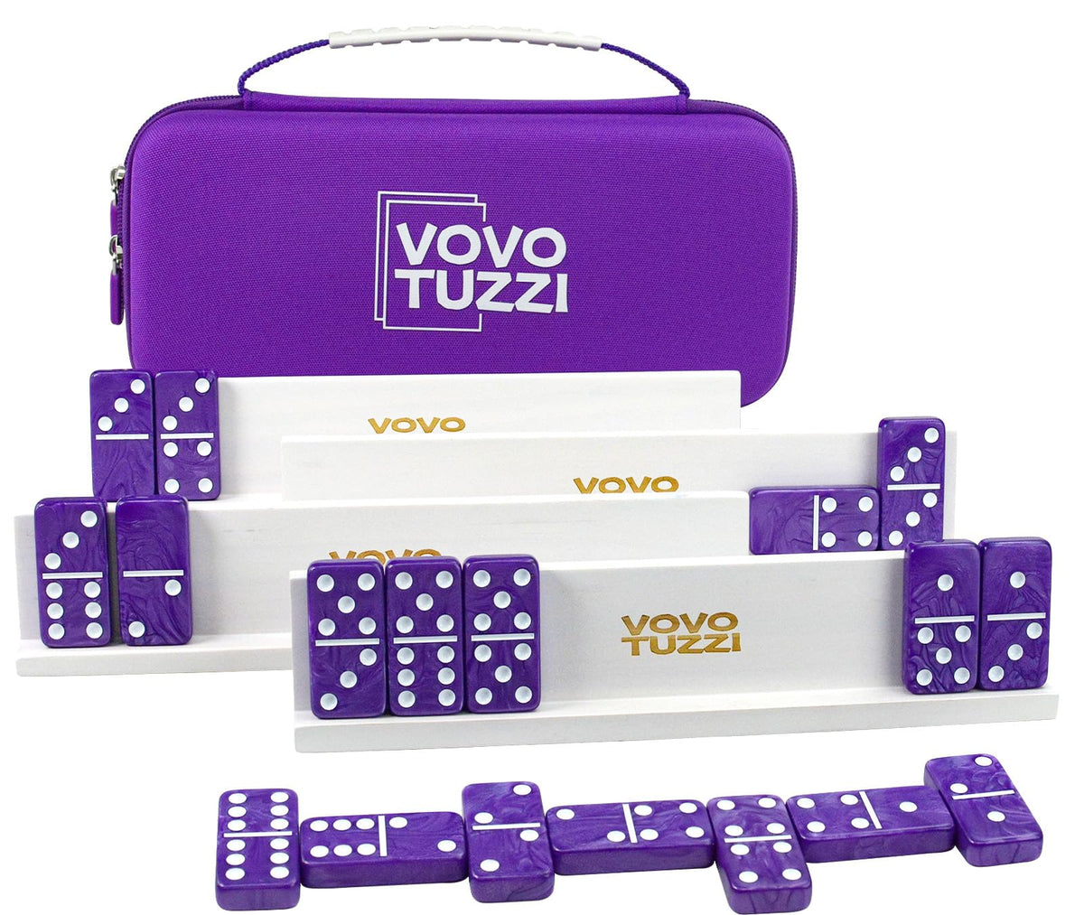 Vovotuzzi domino tiles in purple marble for a vibrant game-night experience.