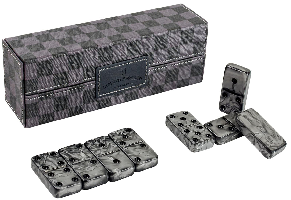 Vovotuzzi dominoes double six tiles in a black-gray case for family game night.