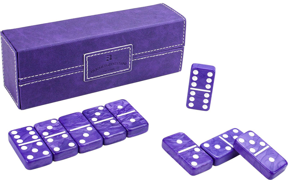 Vovotuzzi domino set with purple case tiles for vibrant game nights