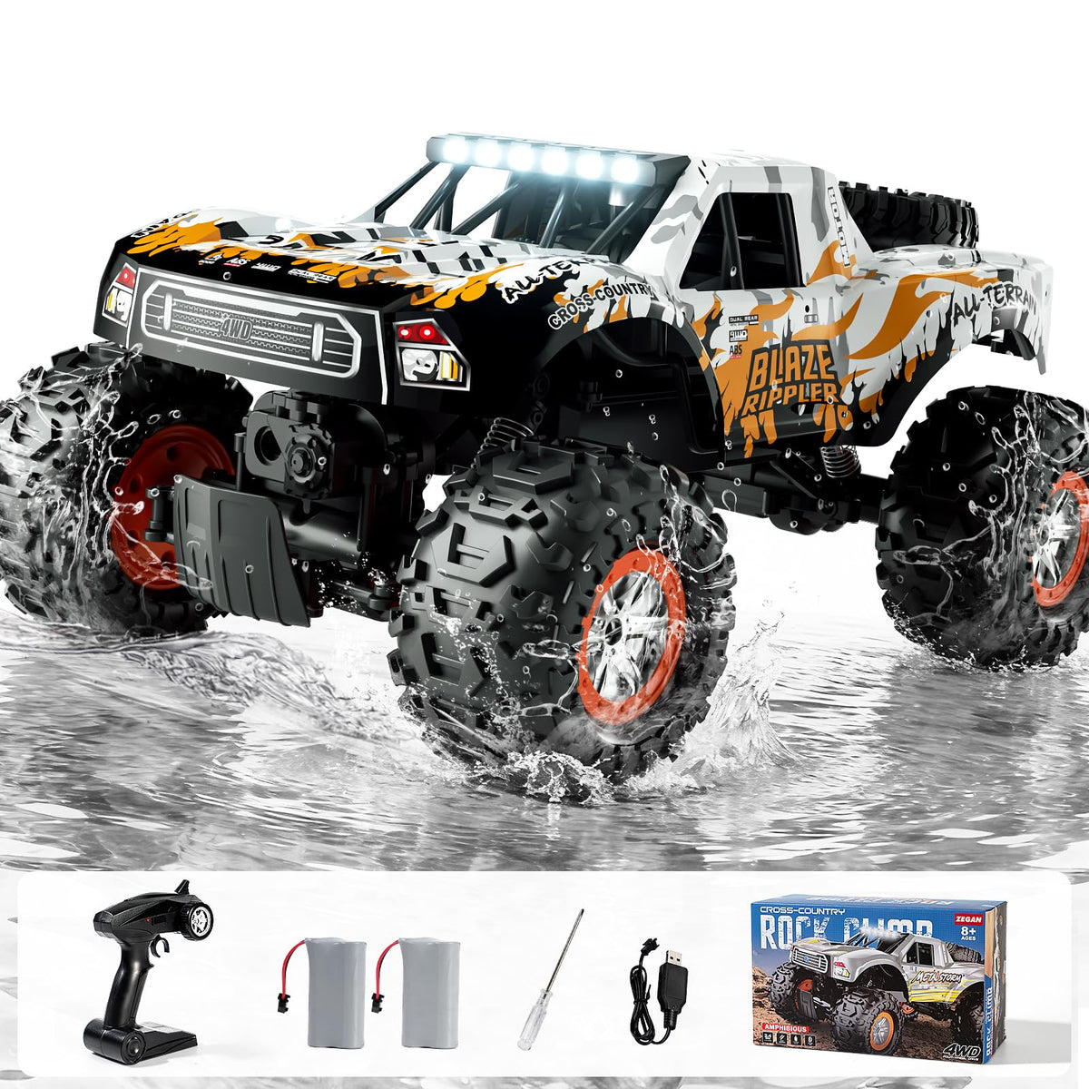 Voxiranel 1:10 Amphibious RC car left side view highlighting rugged chassis and waterproof design