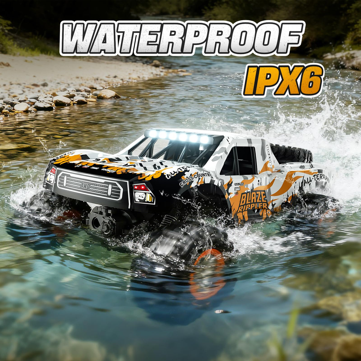 Voxiranel 1:10 Amphibious RC car right side view in action on terrain