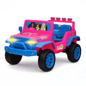 Voyager Barbie 12V ride-on front view highlighting kid-friendly styling for outdoor play