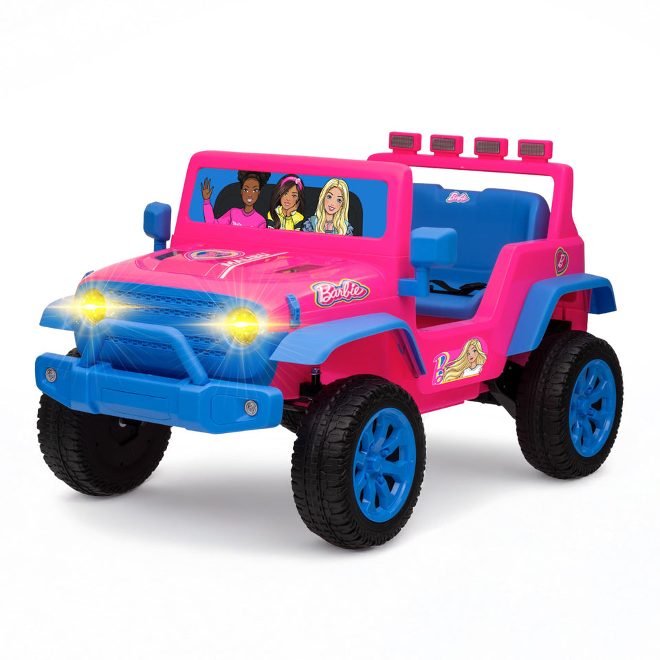 Voyager Barbie 12V ride-on front view highlighting kid-friendly styling for outdoor play