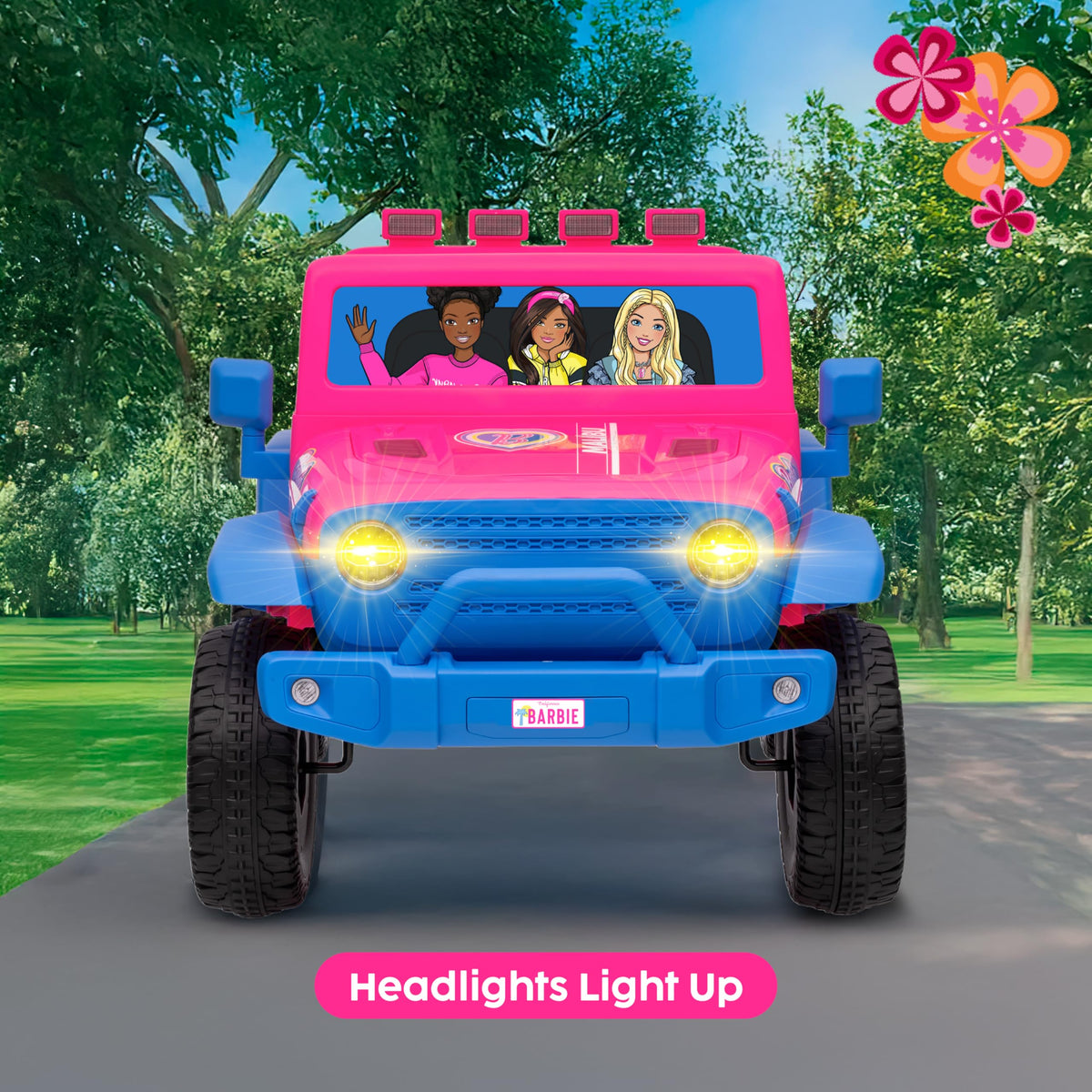 Voyager Barbie 12V ride-on with LED headlights for realistic nighttime play