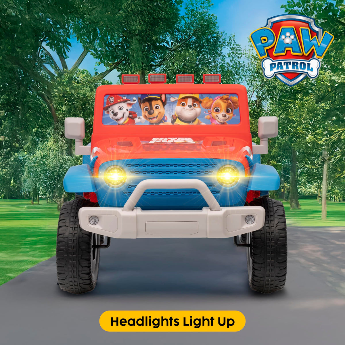 Voyager Paw Patrol LED headlights illuminate nighttime adventures on a ride-on car