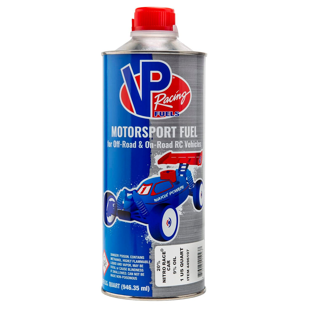 VP Racing 20% nitro hobby fuel can for transport and RC sessions.