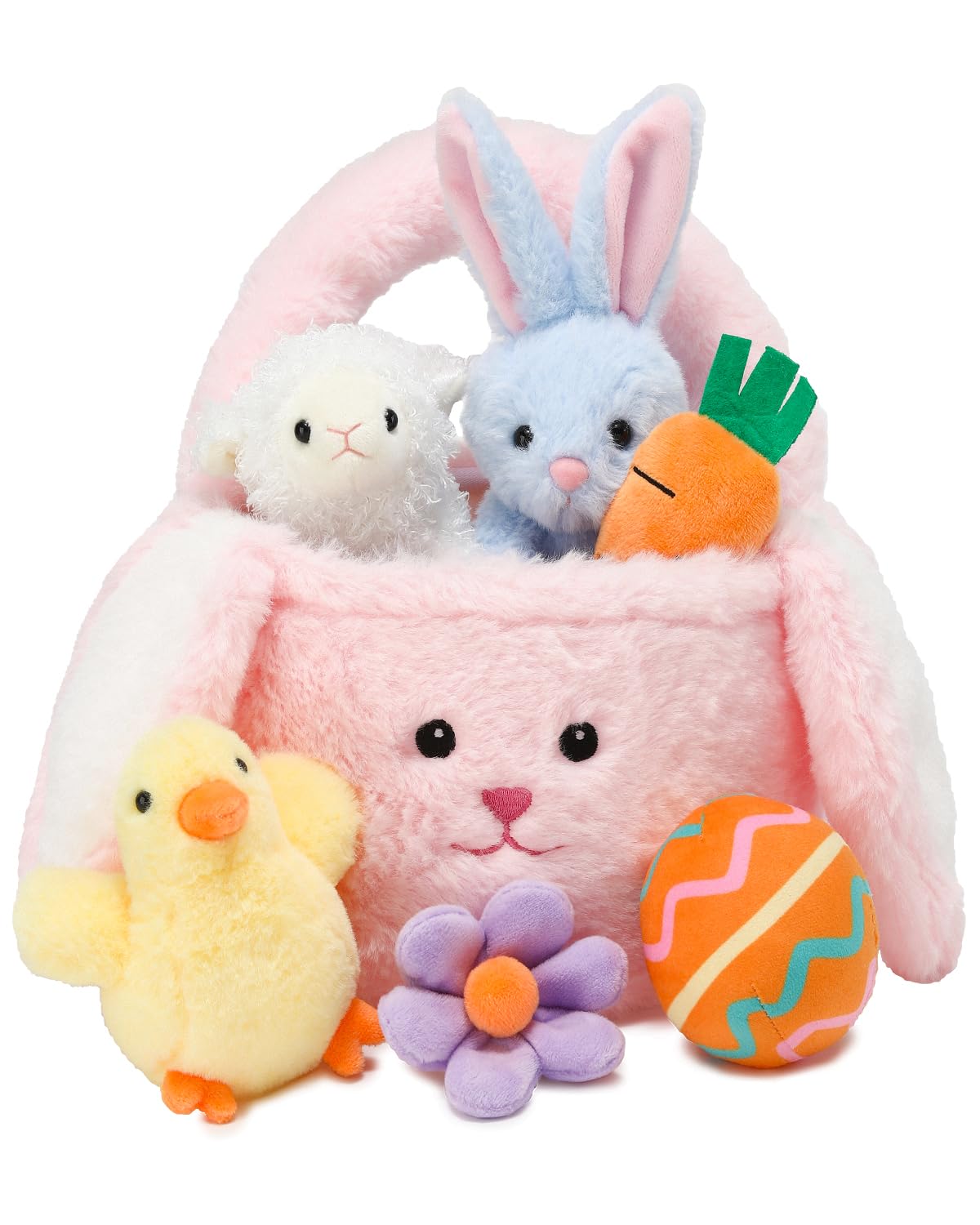 Vposyako Easter plush rabbit in a soft basket for imaginative play