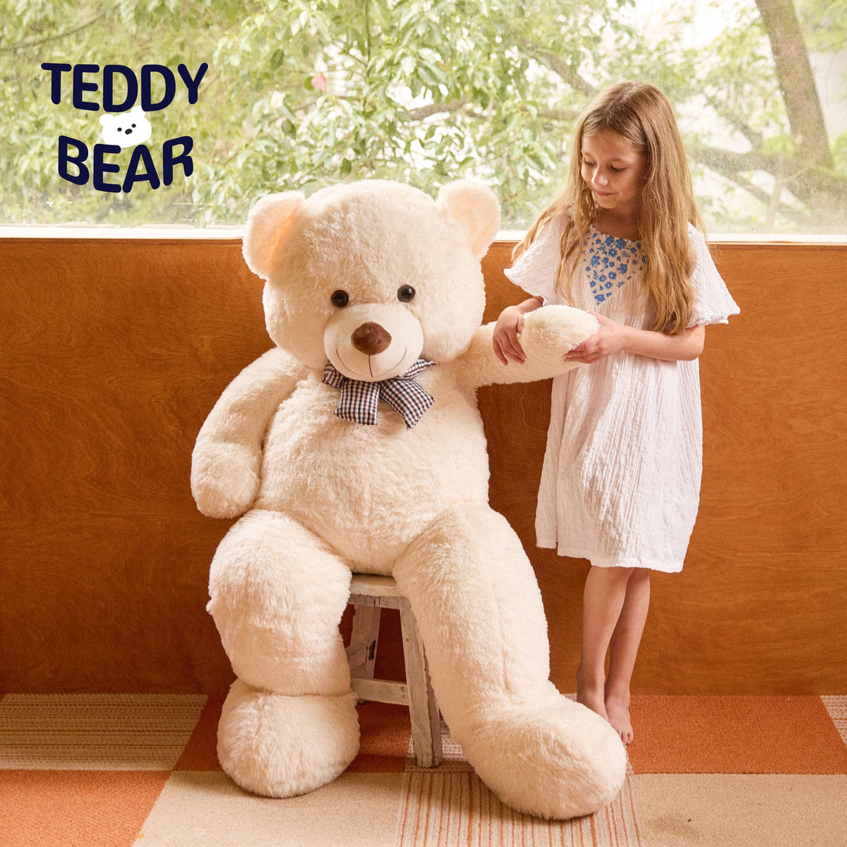 Vposyako giant teddy bear safety materials label showing hypoallergenic filling
