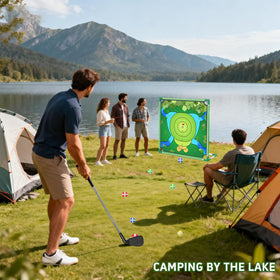 VQRZG indoor-outdoor use scene demonstrates portable golf course versatility.