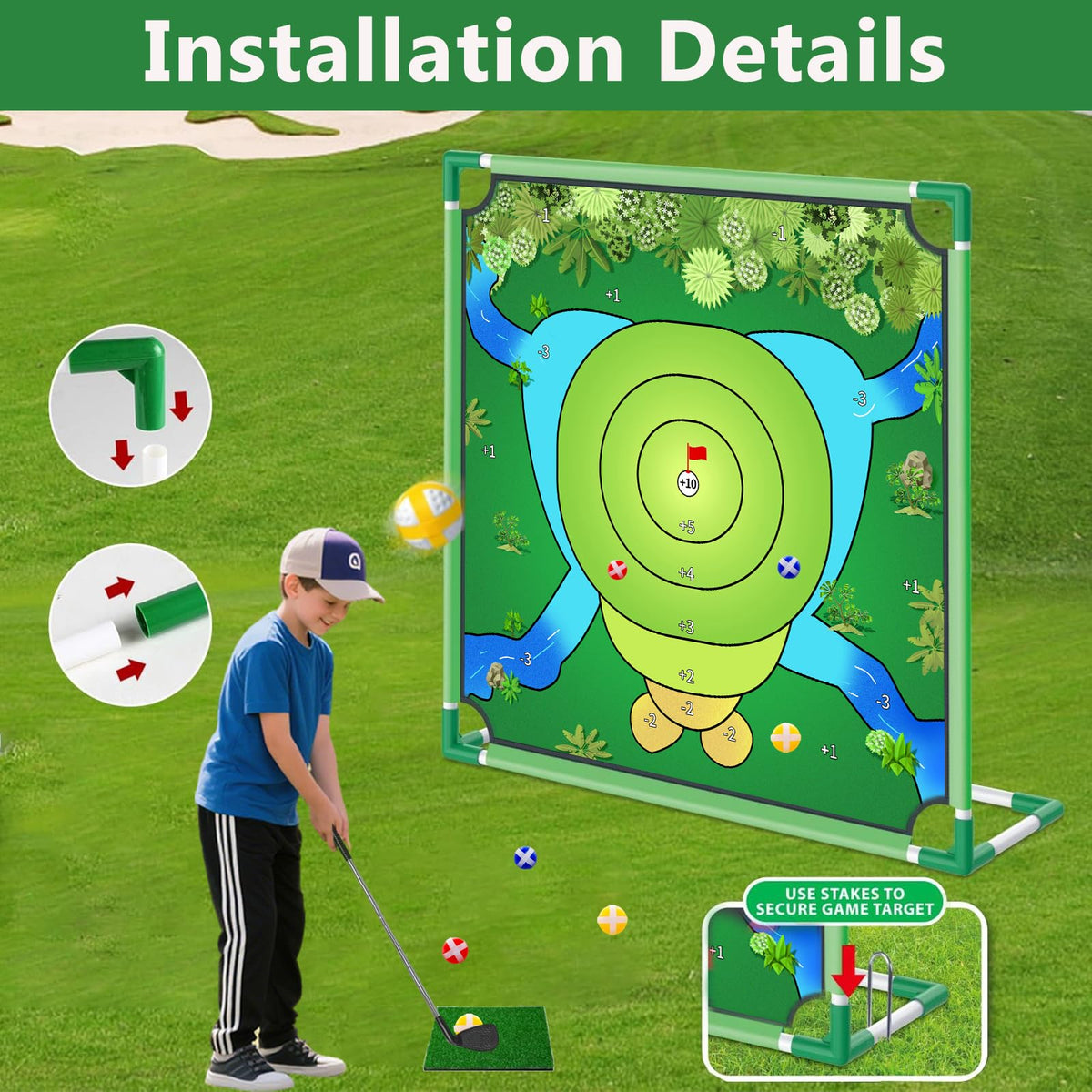 VQRZG yard play area showing a fun, family-friendly chipping challenge on the lawn.