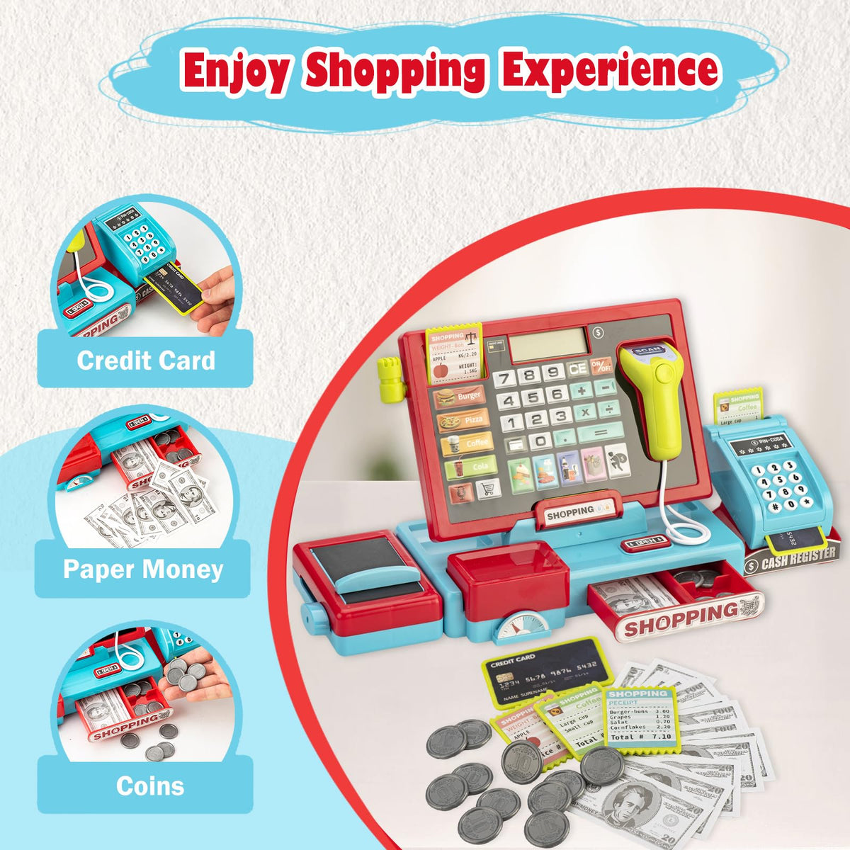 VROGTIK coins and receipts enhance pretend money handling and record-keeping.