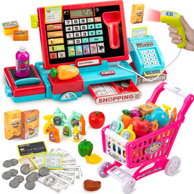 VROGTIK cash register front view promotes pretend shopping and early math play.