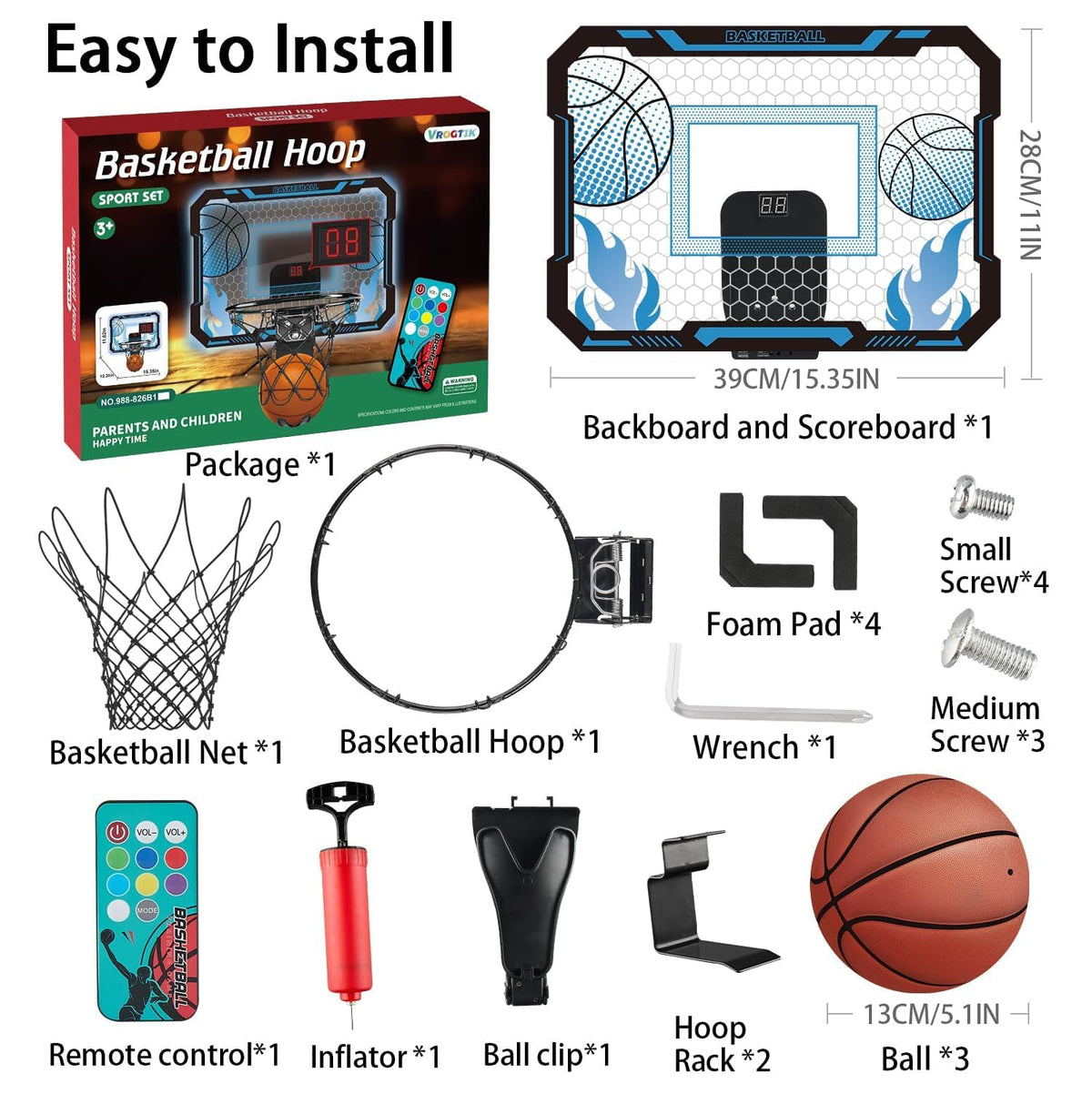 VROGTIK includes three rubber basketballs for indoor and outdoor play