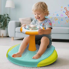 VROGTIK dinosaur sit-and-spin toy front view with colorful lights for sensory play.