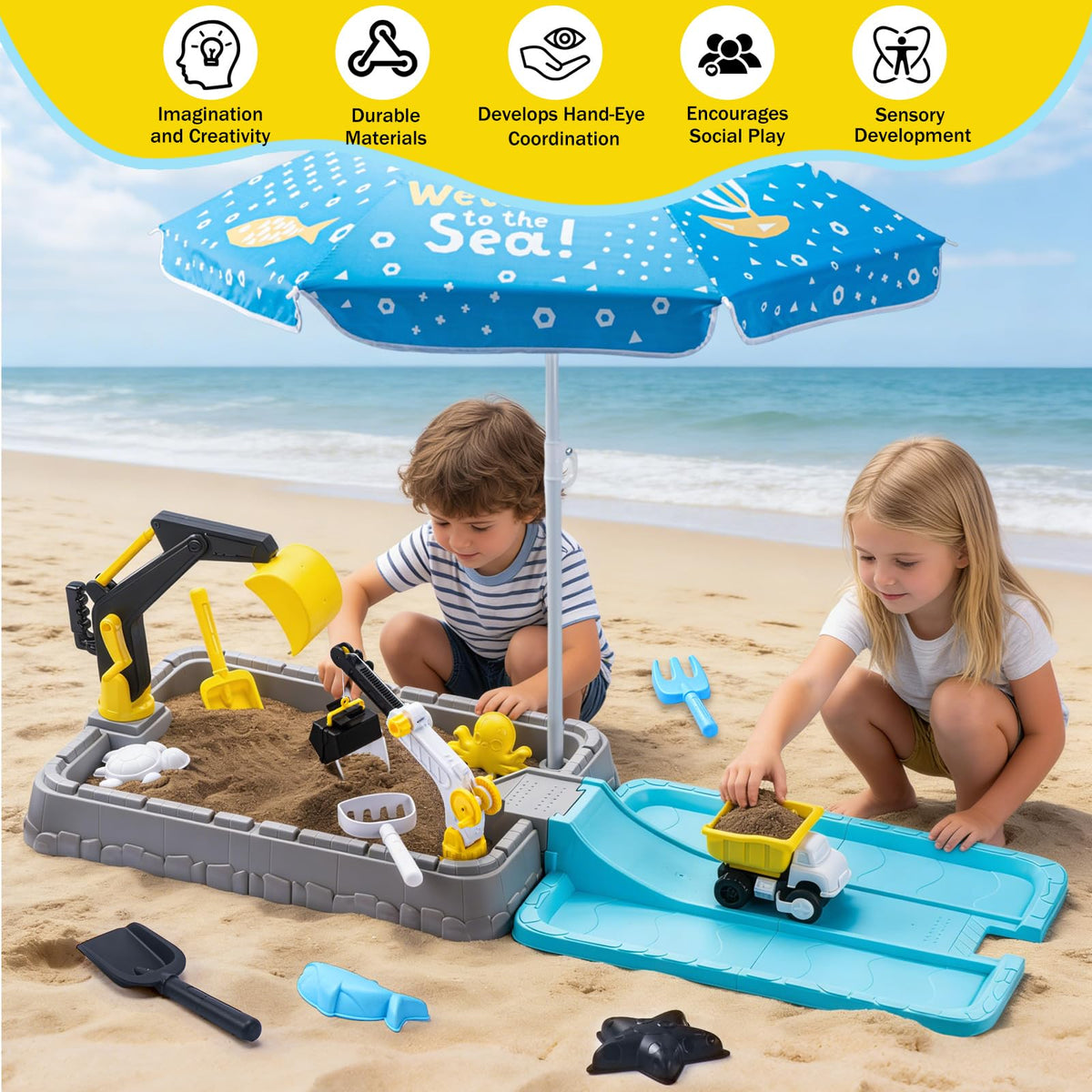 VROGTIK sandpit with 360° rotation excavator ideal for imaginative construction play.