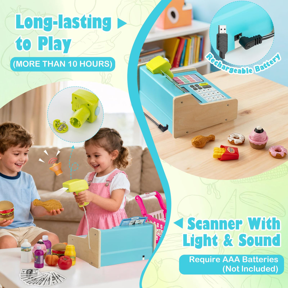 VROGTIK interactive grocery store play setup fosters early numeracy and social play.