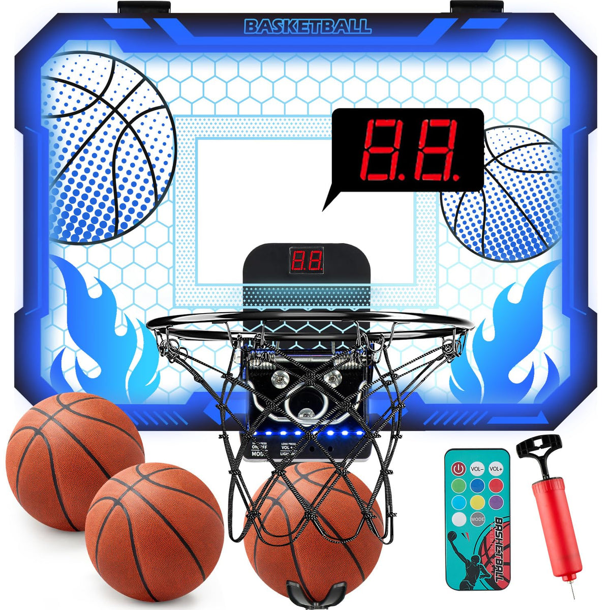 VROGTIK indoor hoop with LED lights mounted over a door for kids