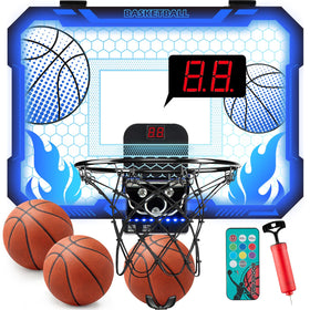 VROGTIK indoor hoop with LED lights mounted over a door for kids