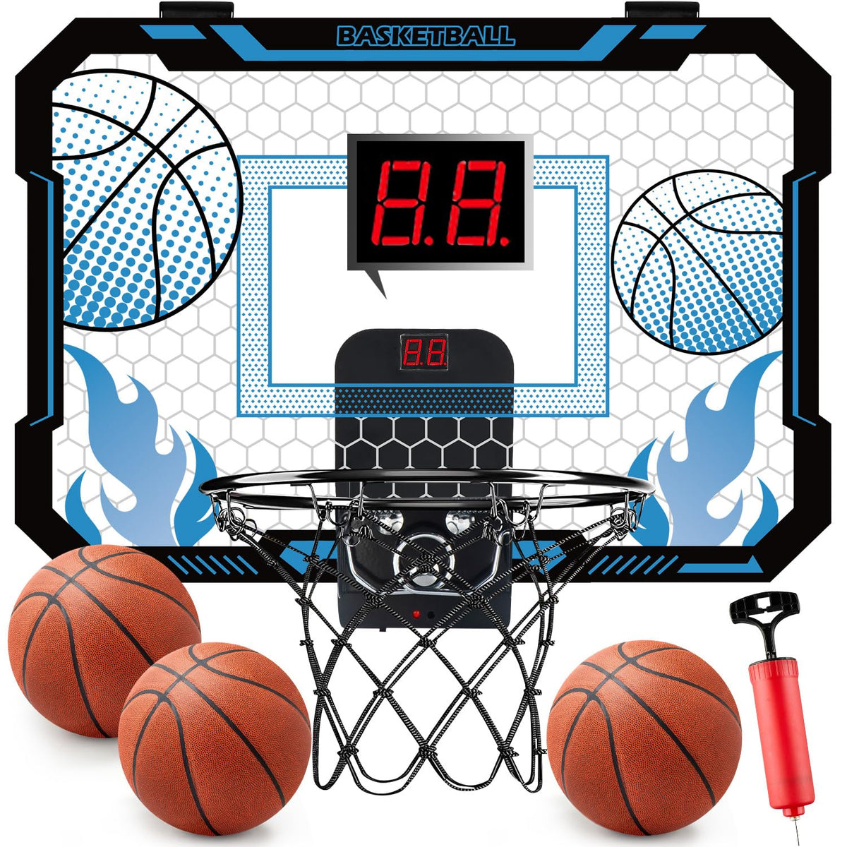 VROGTIK indoor basketball hoop with scoreboard over the door enables kid-friendly play.