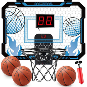 VROGTIK indoor basketball hoop with scoreboard over the door enables kid-friendly play.