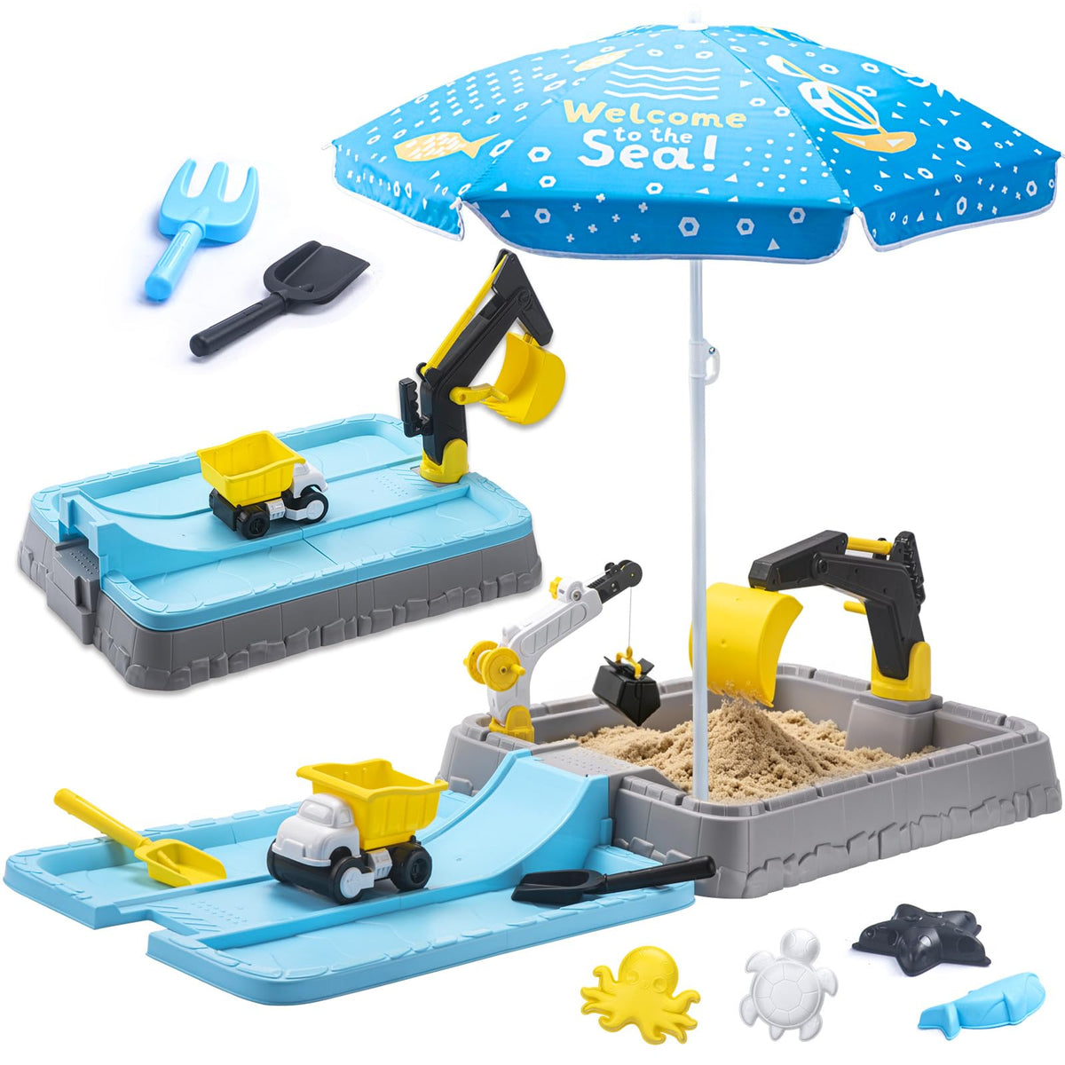 VROGTIK kids excavator sandbox with umbrella and cover, featuring working digger arm for outdoor play.