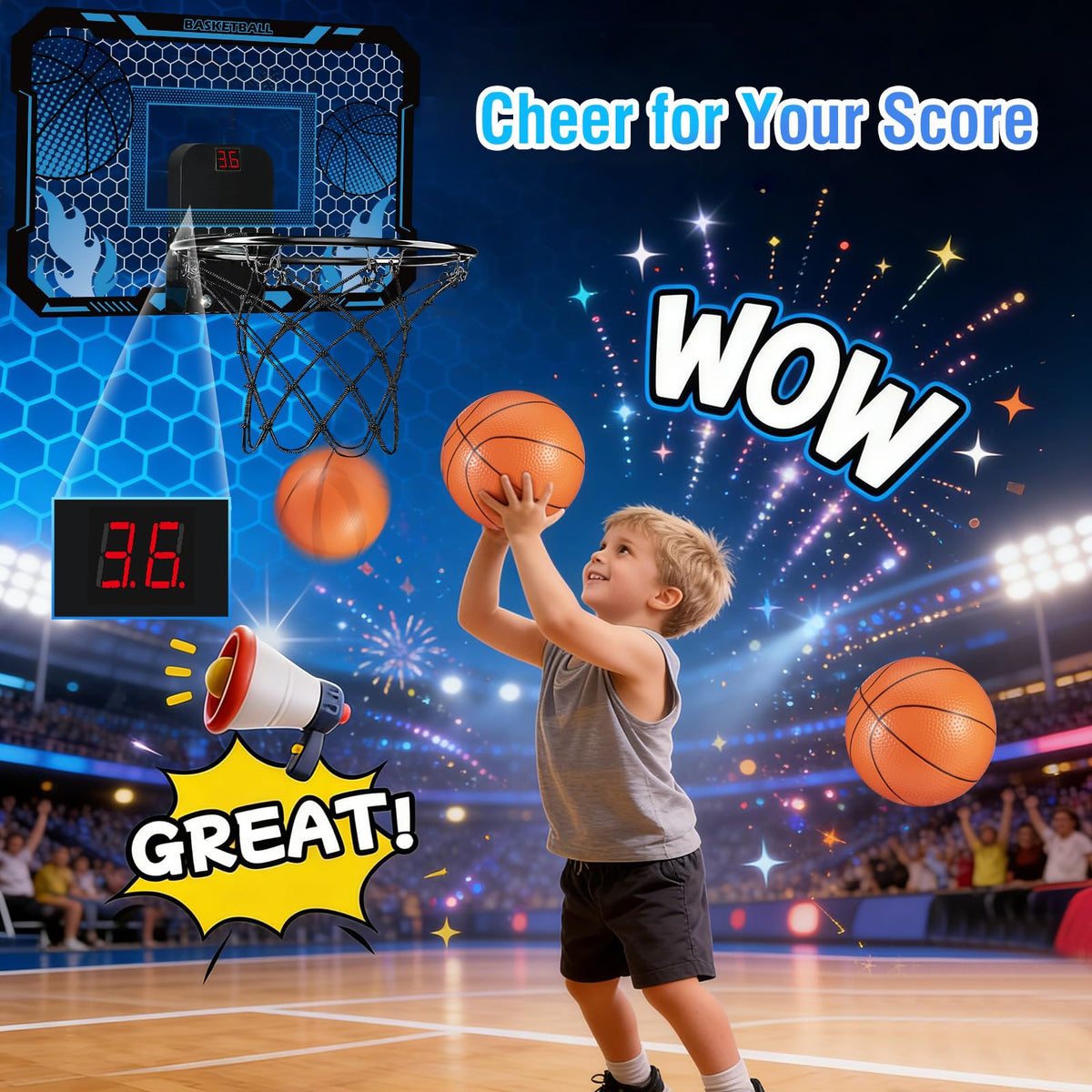 VROGTIK mini hoop with 3 rubber balls for immediate indoor practice.