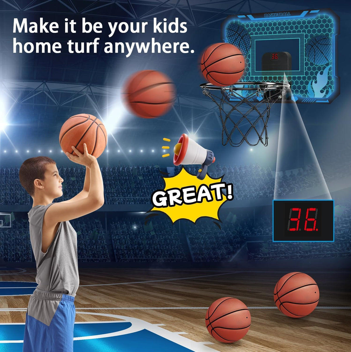VROGTIK over-the-door hoop with scoreboard display during playtime