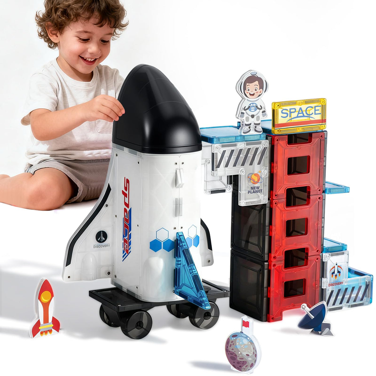 VROGTIK space tiles featuring rocket ship design for creative STEM play and building fun