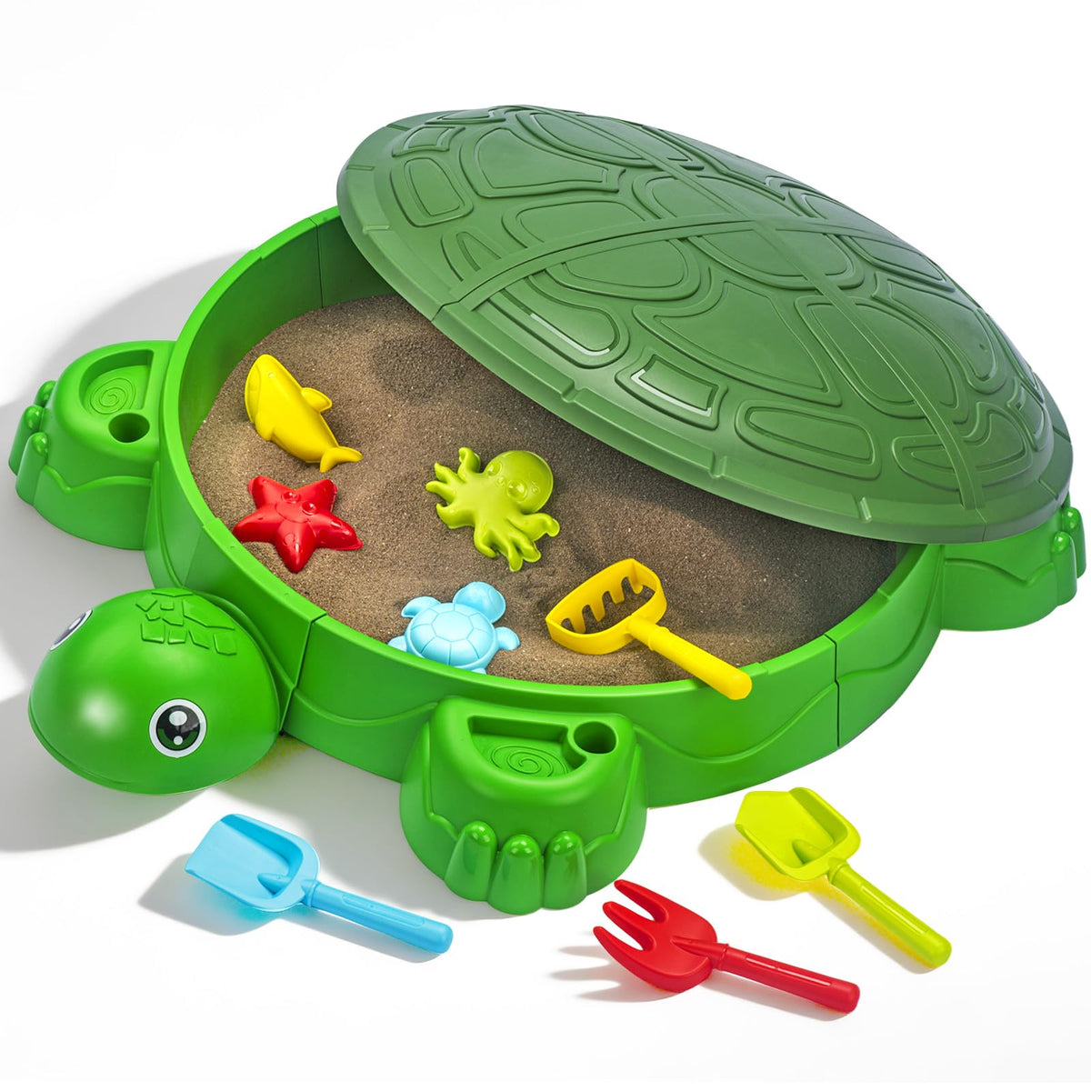 VROGTIK turtle sandbox 38in lid view for safe outdoor play and quick cleanup.