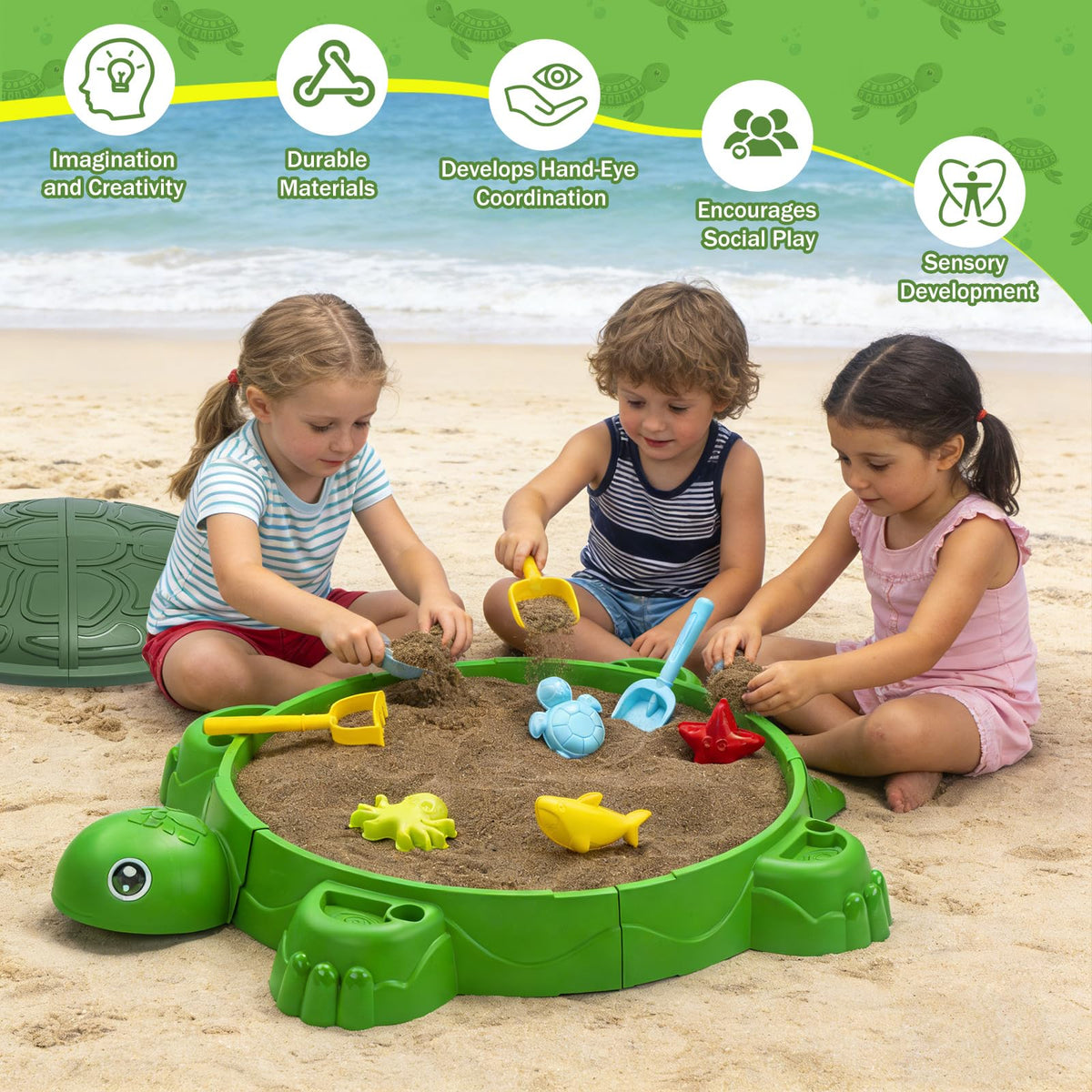 VROGTIK turtle sandbox lid in use keeps sand clean for the next adventure.