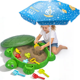 VROGTIK Turtle Sandbox with lid and umbrella for all weather outdoor play.