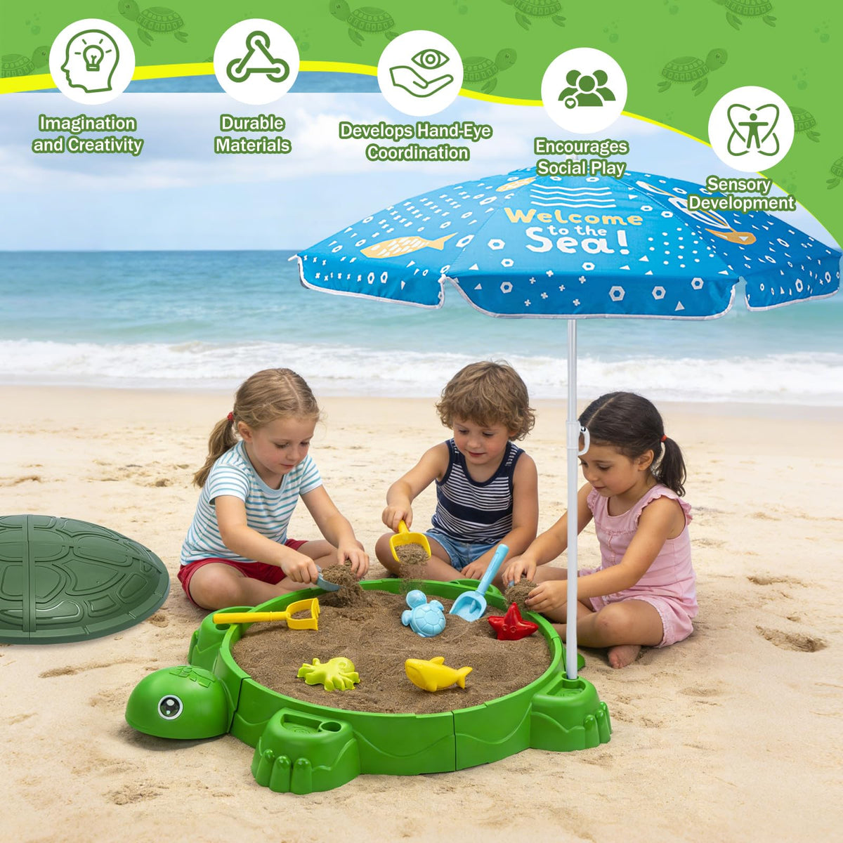 VROGTIK turtle sandbox shows spacious play area for multiple kids.