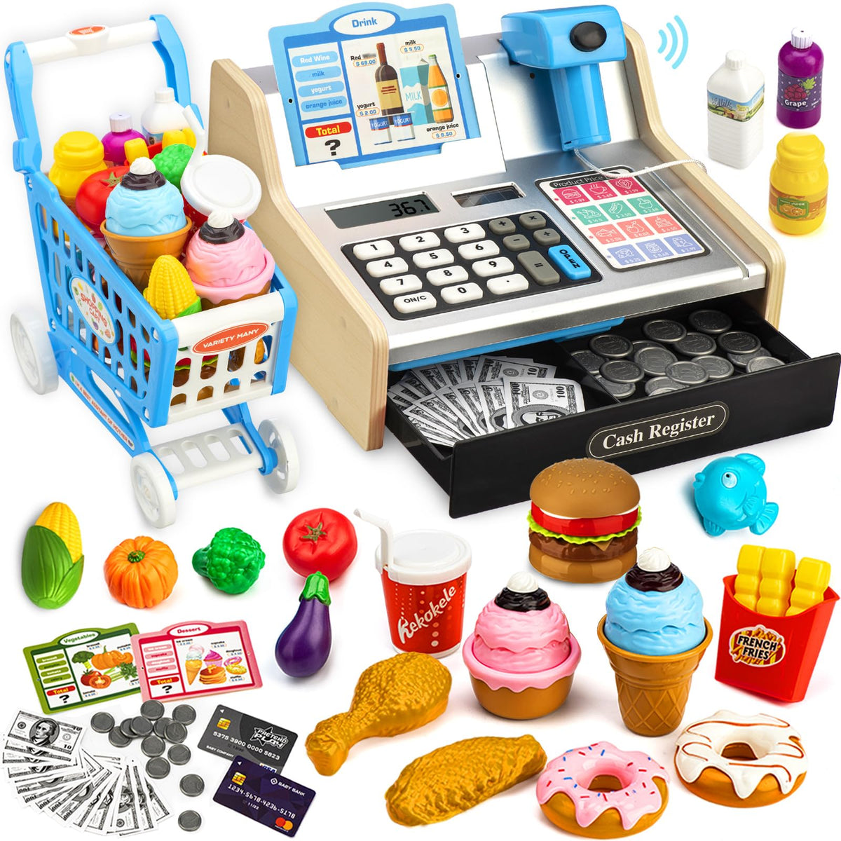 VROGTIK wooden cash register with tactile buttons for pretend play and early math practice.
