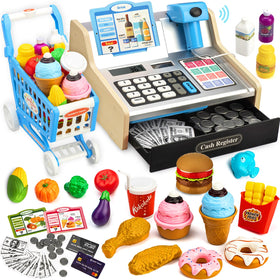 VROGTIK wooden cash register with tactile buttons for pretend play and early math practice.