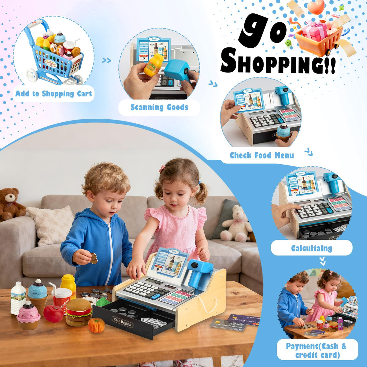 VROGTIK scanner lights up as kids scan items during grocery store role-play.