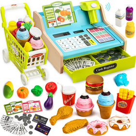 VROGTIK wooden cash register with shopping cart for imaginative play and early math skills.