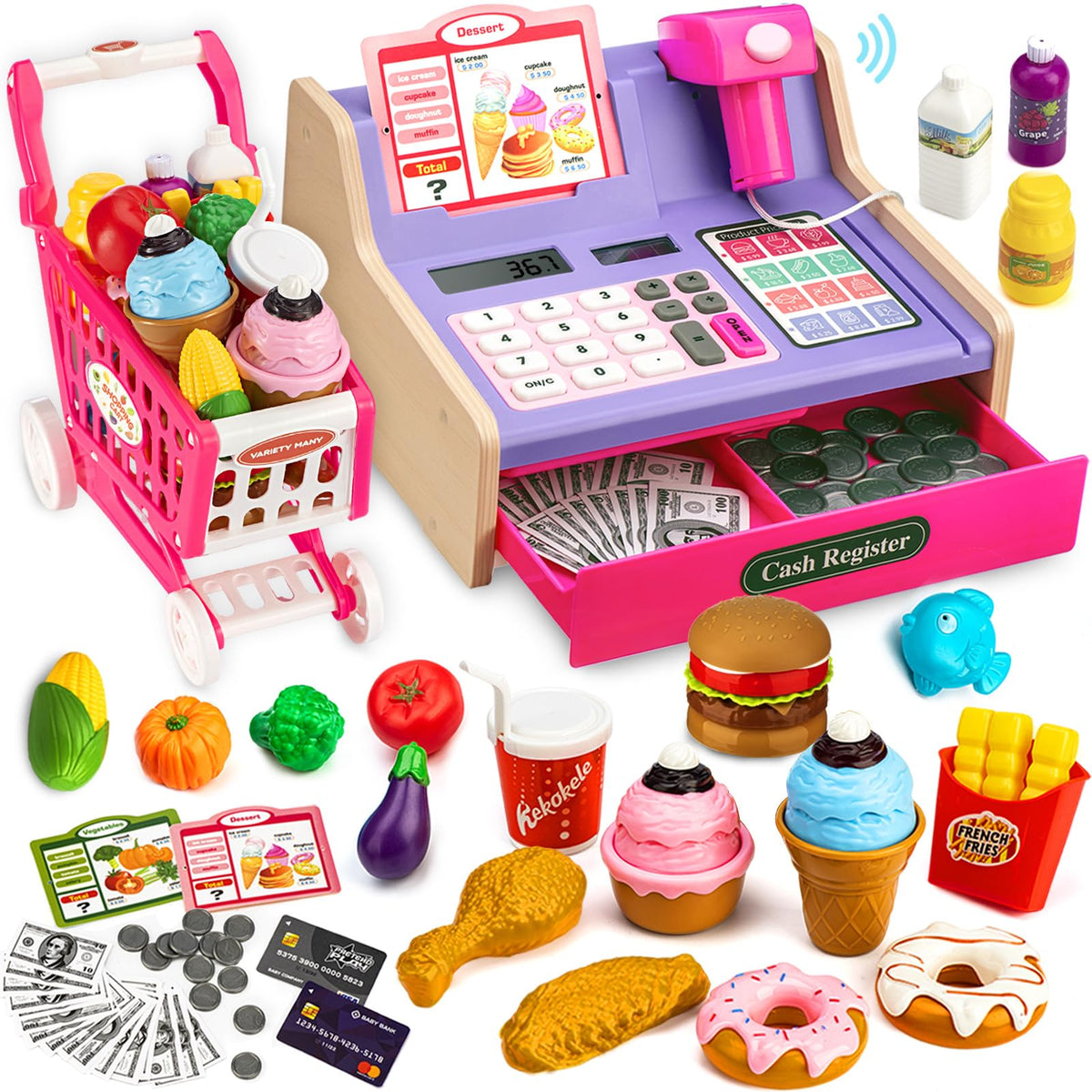 VROGTIK wooden cash register with shopping cart enhances imaginative pretend shopping.