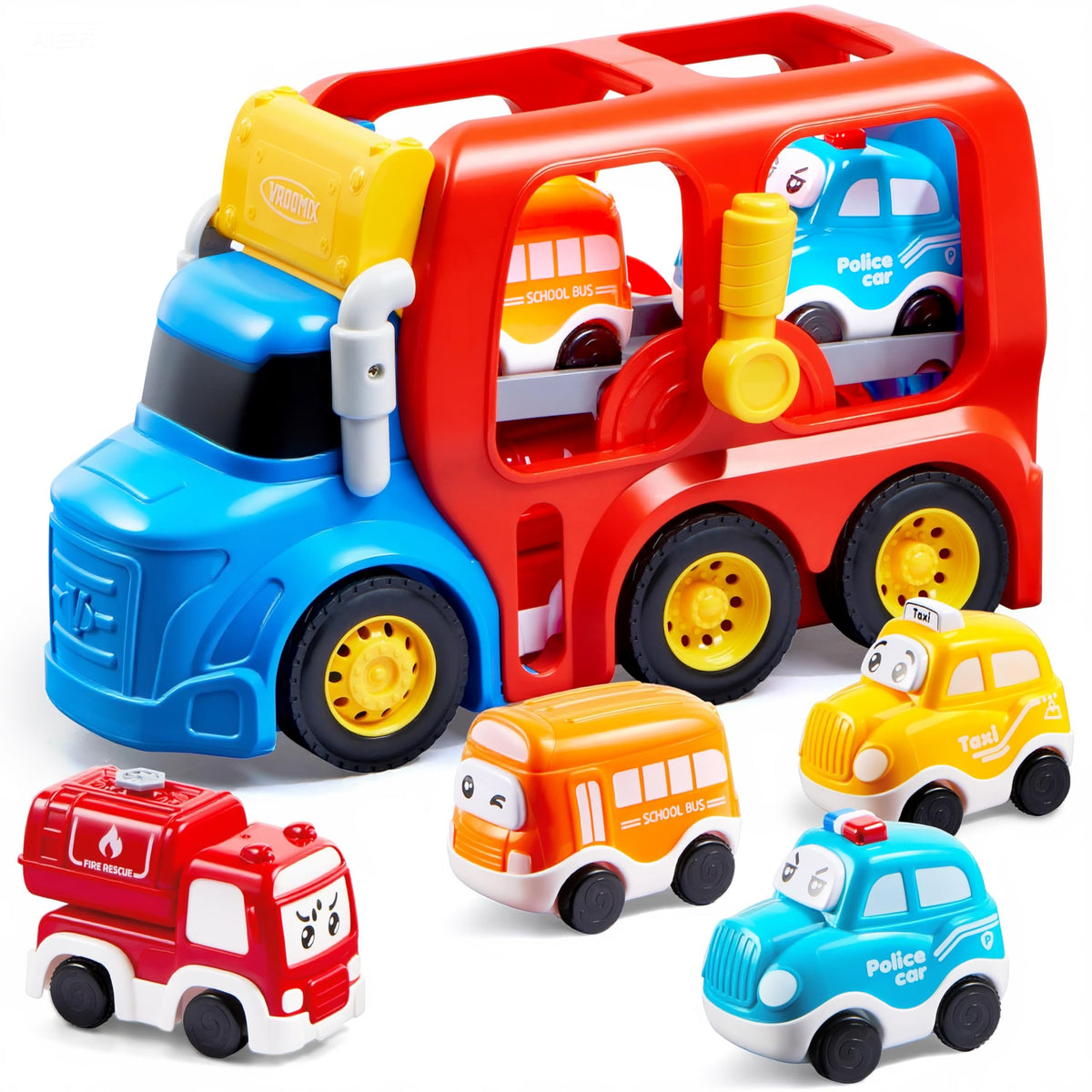 Vroomix JOVA carrier truck stores four cars for tidy playtime.