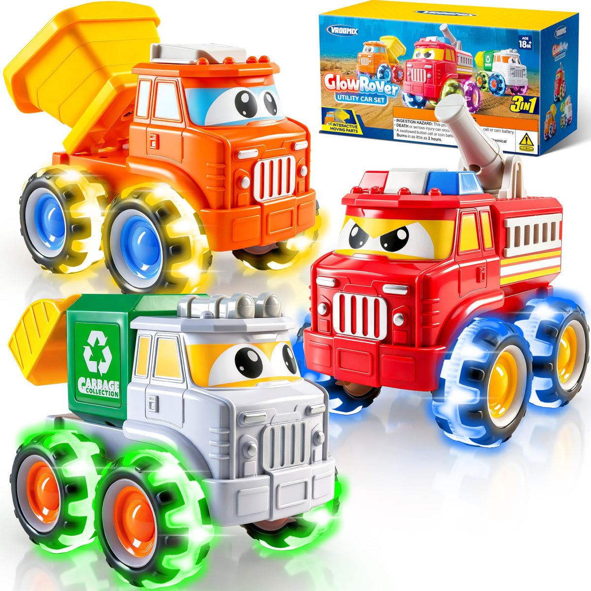 Vroomix JOVA GlowRover 3 Pack front view with colorful city trucks for imaginative play