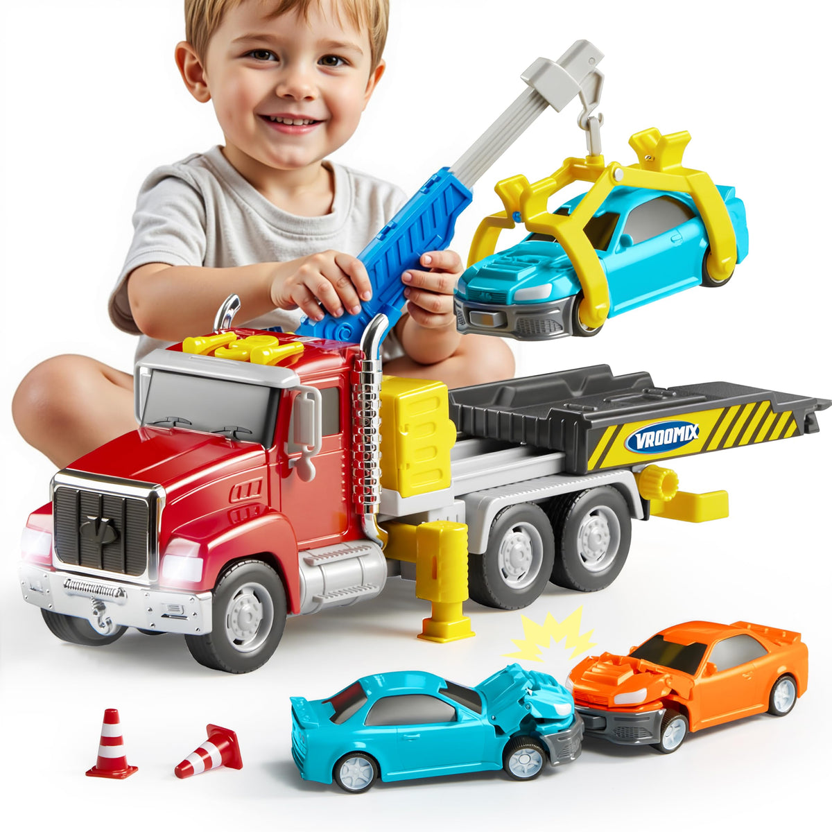 Vroomix JOVA tow truck crane with lights for dynamic rescue play.