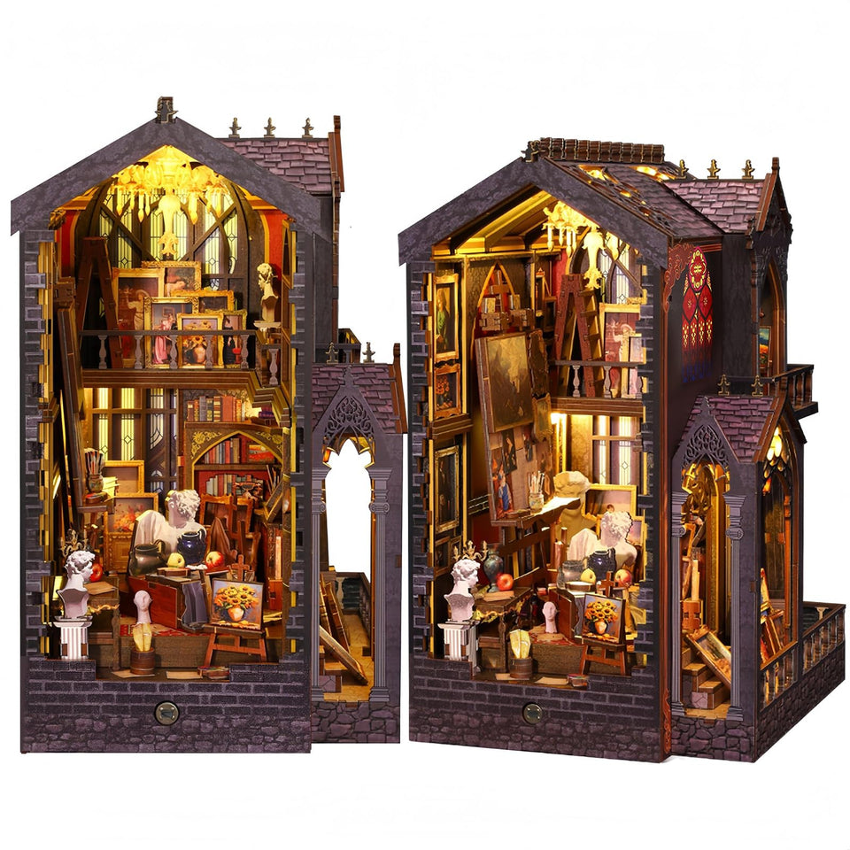 Vruelia Booknooks gray front view: compact art studio decor that inspires focused creativity.